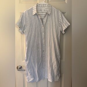 C&C California Linen Blend Striped Button Down Shirt Dress, Blue/White, S